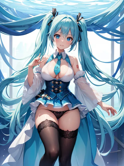 (1 girl),(high quality), (High resolution), (extremely detailed), (8K),(focus on lower body),(CG)、goddess of the sea、goddess outfit、transparent costume、blue dress、Magic Mentor、sexy panties、(black knee high stockings:1.2)、nipple shape、No shoes、neutral white...