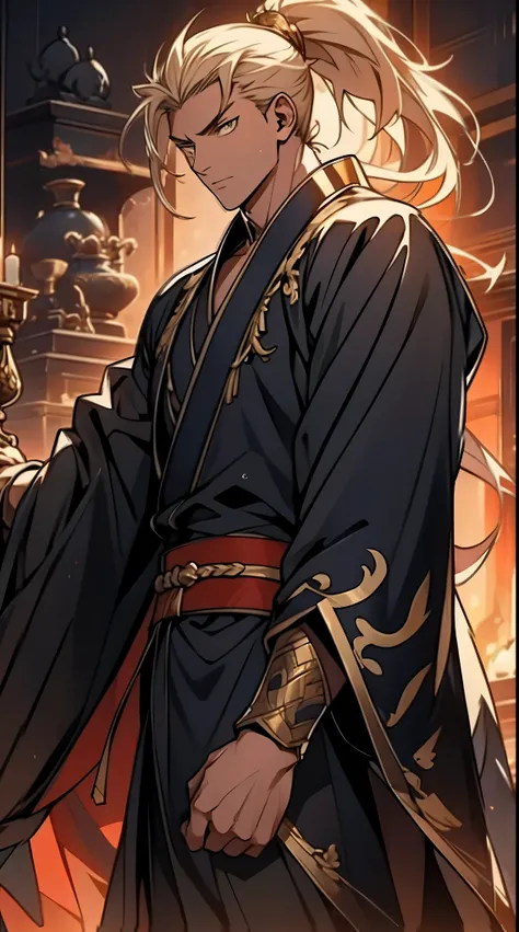 Two dimensions，anime style，one person（male warrior），proportions are correct，facial details，swordsman，high ponytail hairstyle，neck detail，Have an Adam&#39;s apple，Black and gold robe，joke，Black and gold robe，clothing details，Hand over，long sleeves，Game qual...