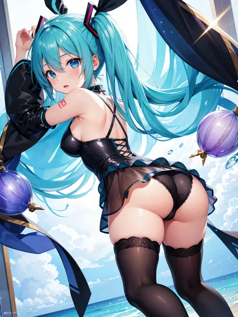 (1 girl),(high quality), (High resolution), (extremely detailed), (8K),(focus on lower body),(CG)、goddess of the sea、goddess outfit、transparent costume、blue dress、Magic Mentor、sexy panties、(black knee high stockings:1.2)、nipple shape、No shoes、neutral white...