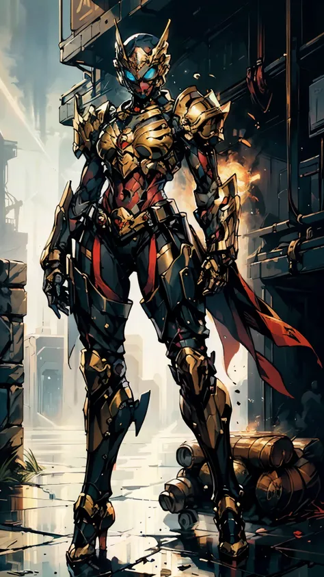 A woman adorned in fantasy-style full-body armor, a crown-concept fully enclosed helmet that unveils only her eyes, a composite layered chest plate, fully encompassing shoulder and hand guards, a lightweight waist armor, form-fitting shin guards, the overa...