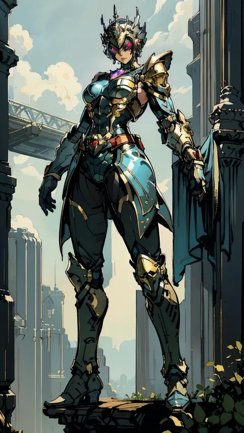 A woman adorned in fantasy-style full-body armor, a crown-concept fully enclosed helmet that unveils only her eyes, a composite layered chest plate, fully encompassing shoulder and hand guards, a lightweight waist armor, form-fitting shin guards, the overa...