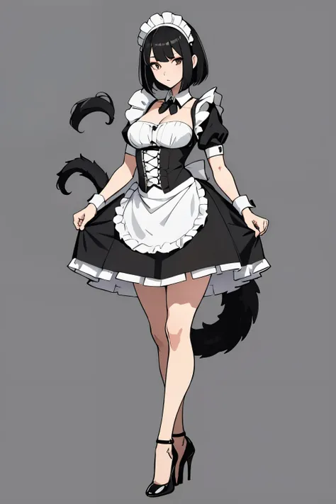 tall girl，black hair，Double tail，maid outfit，black high heels，whole body，stand，short skirt，blank background