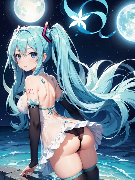 (1 girl),(high quality), (High resolution), (extremely detailed), (8K),(focus on lower body),(CG)、goddess of the sea、goddess outfit、transparent costume、blue dress、Magic Mentor、sexy panties、(black knee high stockings:1.2)、nipple shape、No shoes、neutral white...