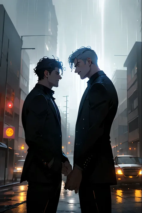 Draw a two young men hero, standing in the road surrounded by several cars and building dark with rain fiery auras. Dramatic lighting from distant thunder and car illuminates the scene, casting deep shadows on the suit. The two young men looks inlove, look...