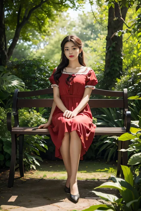 (full body) A girl sitting gracefully in a beautiful garden, dressed in a vibrant red dress that perfectly matches her full red lips. Her eyes sparkle with a touch of mystery as they reflect the surroundings. The garden is filled with colorful flowers and ...