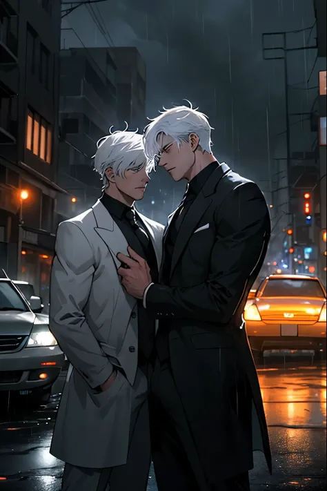 Draw a two young men hero, (white hair) standing in the road surrounded by several cars and building dark with rain fiery auras. Dramatic lighting from distant thunder and car illuminates the scene, casting deep shadows on the suit. The two young men looks...