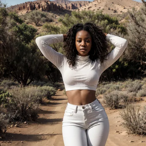 African woman, dark skin, very large lips, slender figure, wide hips, standing in the middle of the desert, tight white stretch pants, curly hair, tight long sleeve shirt, wide collar.