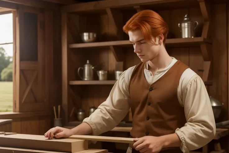 England, 1337. A young ((((21-year-old)) Merthin Fitzgerald)), handsome, athletic, ((carpenter)), working, workshop, ((concentration expression)). ((((clothings from the 1300s)))), ((redhead hairstyle of the 1300s))