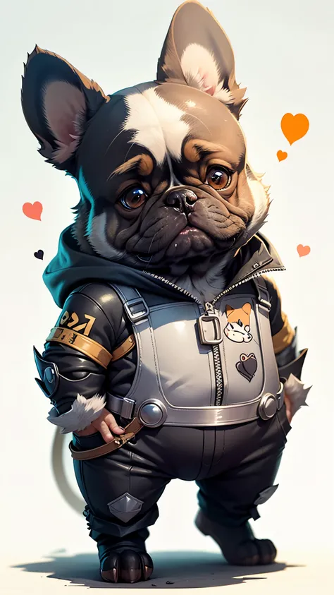 C4tt4stic,Cartoon french bulldog dog wearing iron bodysuit（Appearance characteristics of the French bulldog、body hair is black