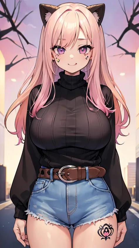 ((high resolution, highly detailed face, highly detailed eyes), (perfect anatomy), (((best quality))), (masterpiece), ((1woman)),(solo:1.5) ,perfect face, (gradient hair:1.5) , (blond hair),(pink hair), gigantic breasts ,sagging breasts, (denim shorts),((b...