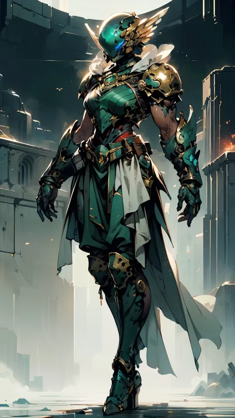 A woman adorned in fantasy-style full-body armor, a crown-concept fully enclosed helmet that unveils only her eyes, a composite layered chest plate, fully encompassing shoulder and hand guards, a lightweight waist armor, form-fitting shin guards, the overa...