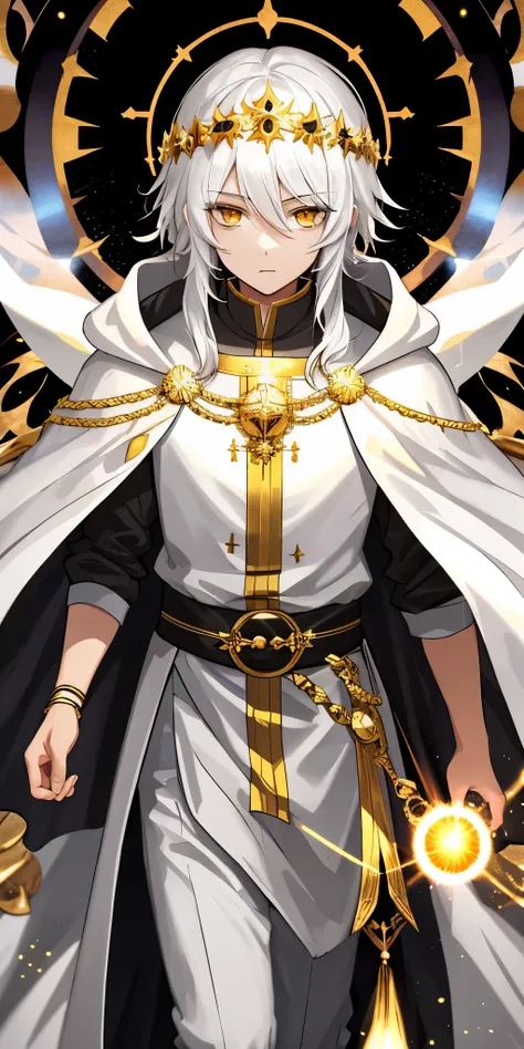 1 boy, sun crown, white robe, ancient, golden eyes, white hair, whirlwind, dark soul