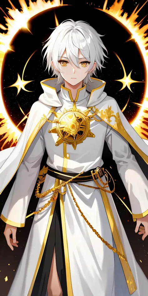 1 boy, sun crown, white robe, ancient, golden eyes, white hair, whirlwind, dark soul