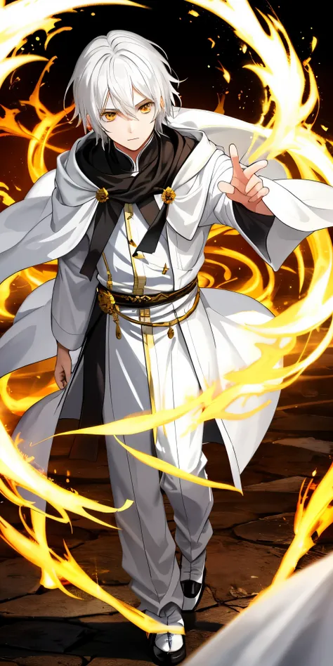 1 boy, sun crown, white robe, ancient, golden eyes, white hair, whirlwind, dark soul