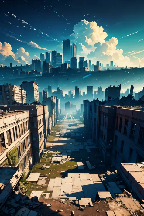 a crumbling world landscape, featuring digital glitches, broken features, backdrop of fallen ccity, crumbling school, ruined world, wide angle), (high resolution, vivid colors, 1.5) (centered view)