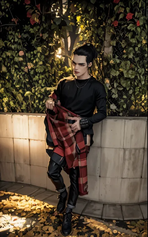 a handsome 25 years old male vampire hunter with ponytail black hair, pale skin, serious looking, wearing a red and black casual outfit and black pants, waist up shot, dynamic pose, ambient lighting, photo realism, intricate face detail, intricate hand det...