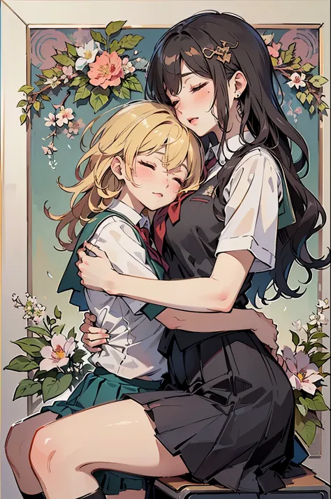 ((art deco,Botanical Art,Floral Art)),(floral:1.2),
(masterpiece, highest quality),(vibrant colors,colorful):1.5,(amazing details,detailed background),anatomically correct,
line-art, depth of fields,flat shading,

two girls hugging:1.5,
(School uniform:1.5...