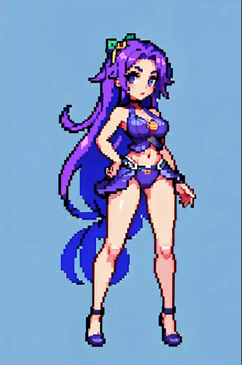 (masterpiece, top quality, best quality), pixel,pixel art,1girl,full body, Abigail, purple hair, bow, bikini, medium breasts, cleavage, midriff