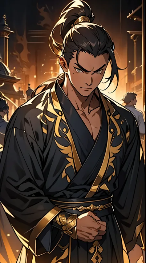 Two dimensions，anime style，one person（male warrior），proportions are correct，facial details，swordsman，high ponytail hairstyle，neck detail，Have an Adam&#39;s apple，Black and gold robe，joke，Black and gold robe，clothing details，Hand over，long sleeves，Game qual...