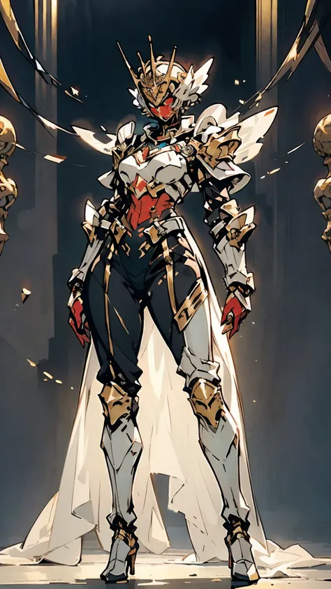 A woman adorned in fantasy-style full-body armor, a crown-concept fully enclosed helmet that unveils only her eyes, a composite layered chest plate, fully encompassing shoulder and hand guards, a lightweight waist armor, form-fitting shin guards, the overa...