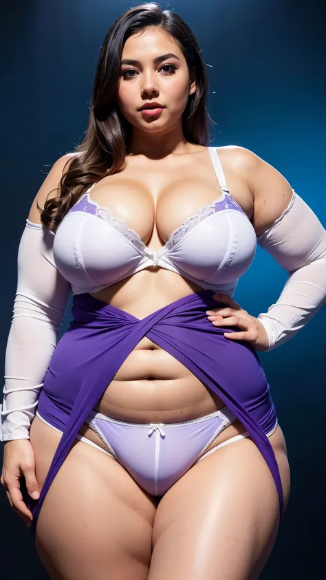 Plus size malay,(( use high briefe white-purple underwear)), fresh colour dominant, blue lighting ((#FEE3D4 skin color) (microfiber underwear) 