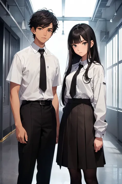 (16-year-old boy, short black hair, matching dark brown eyes, white school uniform and grey pants, standing together with 16-year-old girl, long, flowing black hair, light brown eyes, white school uniform and grey skirt), (background remove)