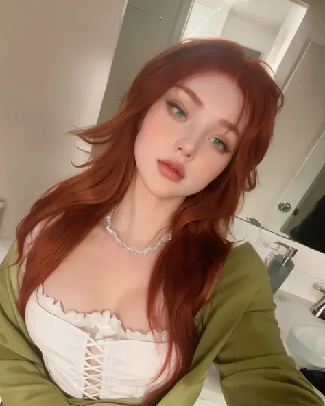 redhead haired woman in a green jacket posing for a selfie, amouranth, better known as amouranth, angelawhite, young beautiful amouranth, profile image, with red hair and green eyes, with red hair, with pale skin, she has red hair, ellie bamber fairy, with...