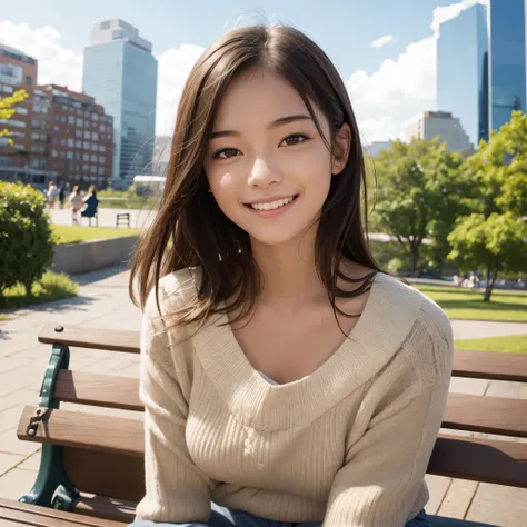 girl, solo, smile, sitting on the bench, in the park