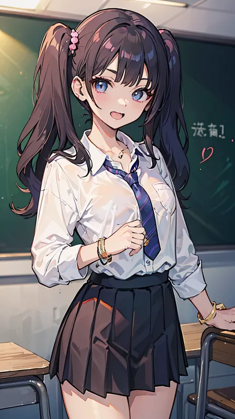 (8K、best image quality、highest quality、masterpiece)、detailed face、1 girl、gyaru、black hair、twintails、blunt bangs、light blue eyes、open your mouth and laugh、((tooth))、((small breasts))、((white shirt))、open clothes))、((black pleated skirt))、((miniskirt))、cowbo...