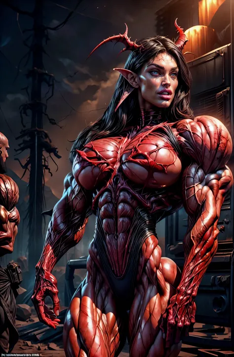 (1 girl), (megan fox:1.25), (beautiful muscular bimbo girl:1.25), (carnage skinless physique:1.25), (red glowing eyes:1.25), (1 super muscular undead skinless succubus with gigantic horns:1.25), (covered in red necrotic rotting skinless muscle:1.25), (expo...