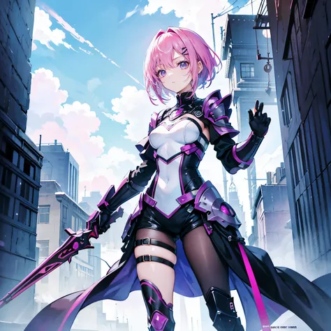 pink hair，purple eyes，short hair，sister head，Two black hairpins，girl，Mechanical armor，Fantasy elements，Weapon in hand，Background city blue sky and white clouds