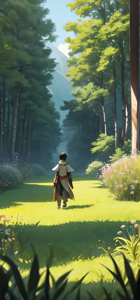 In a green meadow stands a young south east asian boy leading a group of knights. BREAK With a brave expression, he guides them towards their destination. BREAK Behind him, a green forest stretches out and beyond that, mountains rise in the distance. BREAK...