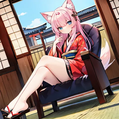 Vermilion eyes、fox ears、kimono、Fashionable、Modern and Japanese style、game character、bearish、beautiful、beautiful hair、sit on a Japanese-style chair、Low - Angle