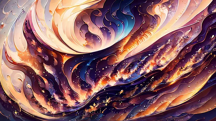 Streams of molten metal converging and diverging, creating a symphony of metallic chaos in this 16:9 artwork. Fiery reds merge into cool blues, painting a captivating scene of abstract beauty that resembles a celestial collision. The intricate background, ...
