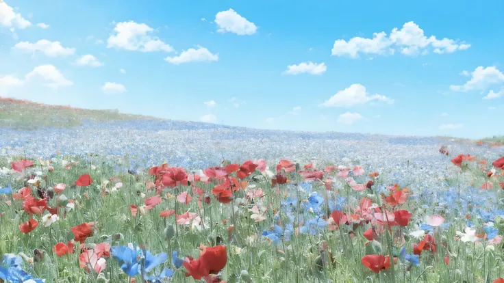 Spring-like flower garden　blue sky　Anime-like