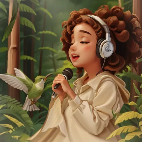 well detailed image, good quality, colored illustration, a close up of a cute  with headphones on holding a microphone, curly hair, bird in her front, forest background, ((forest background:1.2)), official artwork, cute artwork, beautiful artwork, high qua...