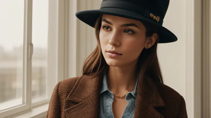 Indoor portrait of a young, beautiful fashionable woman, wearing stylish accessories and a hat that hides her eyes. The setting is a cozy and modern indoor space, filled with natural light streaming through large windows. The womans outfit is trendy and fa...