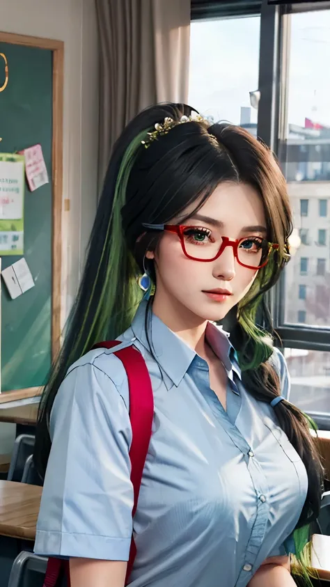 （best quality，high resolution，masterpiece：1.3），tall beautiful woman，（Long ponytail hairstyle，Black hair and green hair, Good-looking hair accessories, Eye color is light green,Wearing red glasses），wearing school uniform，in school classroom，Facial details a...