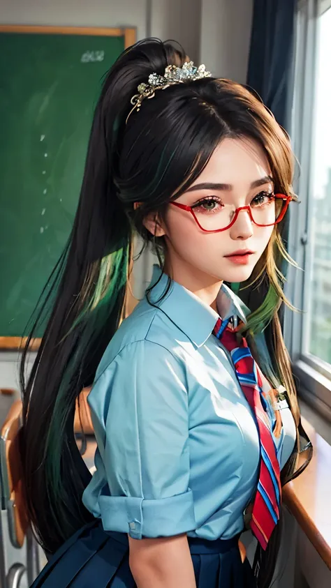 （best quality，high resolution，masterpiece：1.3），tall beautiful woman，（Long ponytail hairstyle，Black hair and green hair, Good-looking hair accessories, Eye color is light green,Wearing red glasses），wearing school uniform，in school classroom，Facial details a...