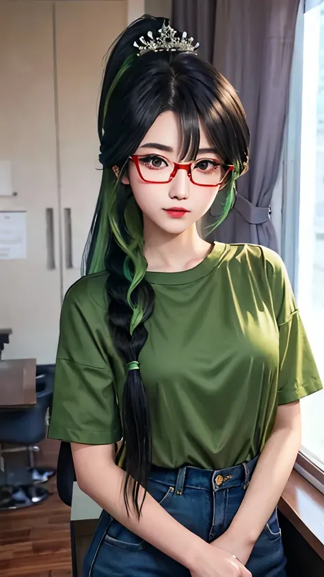 female classmate，single eyelid，14 years old，Height 167 cm，Long ponytail hairstyle，Black hair and green hair, Good-looking hair accessories, Eye color is light green,Wearing red glasses，Fine-rimmed glasses，White skin，White short sleeves，virtuous