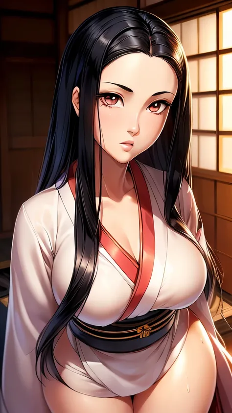 ((ultra quality)), ((masterpiece)), nezuko, ((long black hair)), (beautiful face), (beautiful female lips), charming, looks at t...