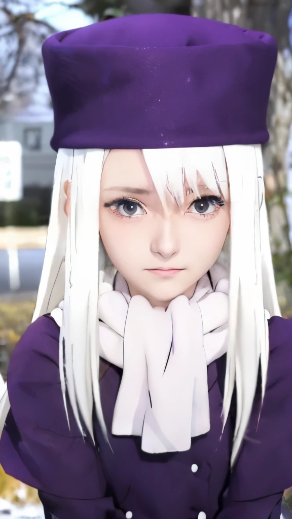 anime girl with long white hair wearing a purple hat and scarf, anime visual of a cute girl, anime best girl, perfect white hair...