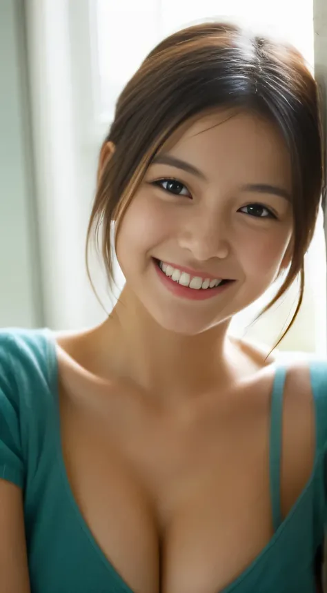 Japanese ),((beautiful girl)),cleavage,An expression that imagines something pleasant:1.2,(perfect body beauty:1.2),((perfect body)),(shy smile),beautiful teeth,