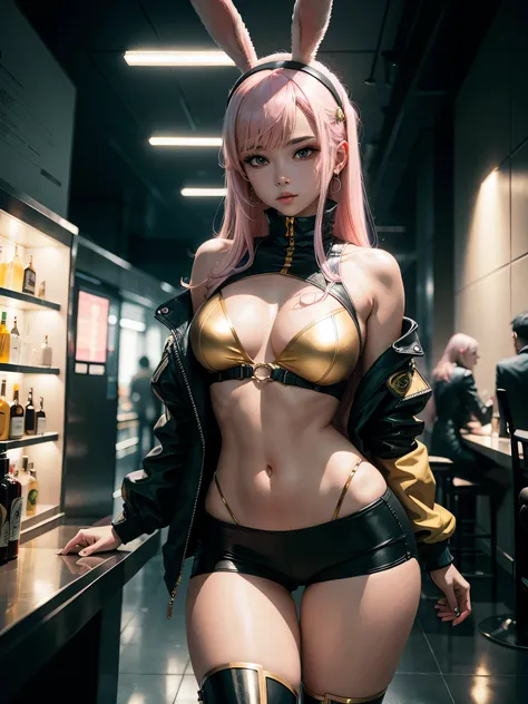 internet bar，Girl with light pink hair，golden bunny girl，light gold bikini，boots，one。one个女人的特写，Fantasy cyberpunk