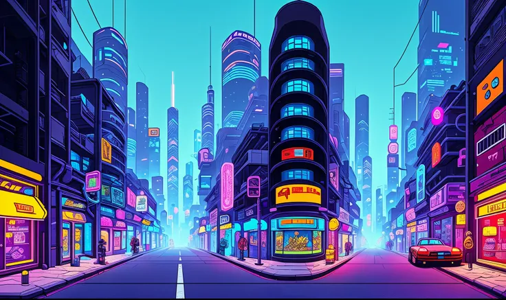 cyberpunk street, side view, 2D game style, pixel art style, cool vendors, roads and cars, dark theme