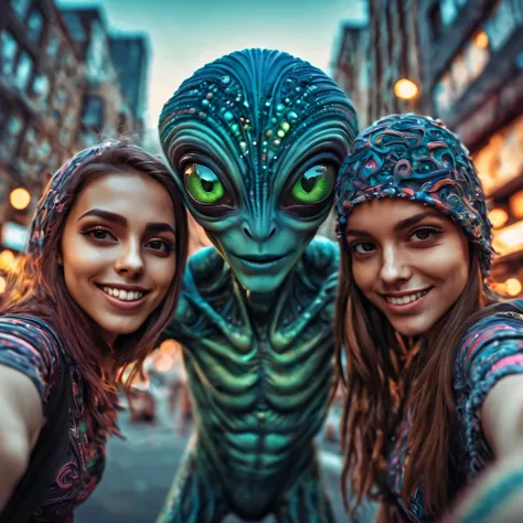 (best quality, highres, ultra sharp), magical ,huge male alien, selfie with a few stunning girls in the city, zentangle, full colored, 3d crunch, realistic feeling, sexy scene, blurry background, dark tones, one male alien and two human girls poses for an ...