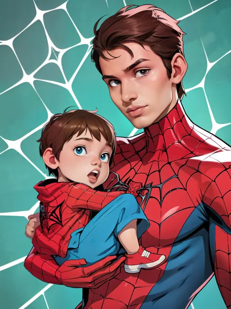 cinematic spider-verse style. comic art. tme0224 face, (((a baby boy, 4yo))), wearing a spider-man costume. (((comic spider-web ...