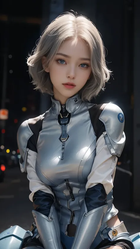 25 year old woman,Highest image quality, outstanding details, ultra-high resolution, (realism: 1.4), the best illustration, favor details, highly condensed 1girl, with a delicate and beautiful face, dressed in a blue and silver mecha, wearing a mecha helme...