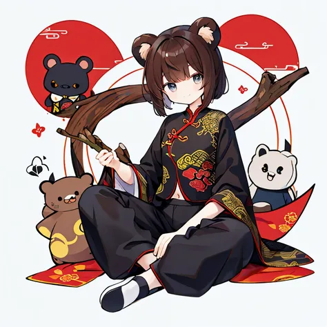 China、cheongsam clothes、Oversized sleeves、Chinaな装飾、It&#39;s a bellybutton、Short length clothing、Oversized trousers、The hem of the pants swells、black clothes、china bear、handle a long stick、long stick weapon、brown hair、black and red motif、bullish smile、one p...