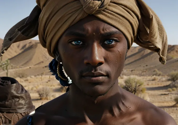 dark skin man, intense look, blue eyes, wearing head turban, in the desert, golden bright light